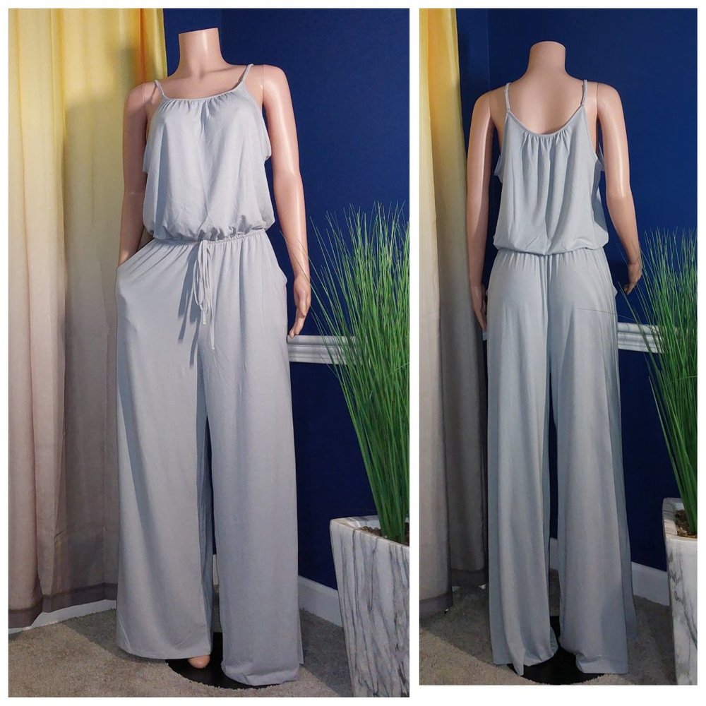 Spaghetti Strap Jumpsuit w/ Pockets (Lt Grey)
